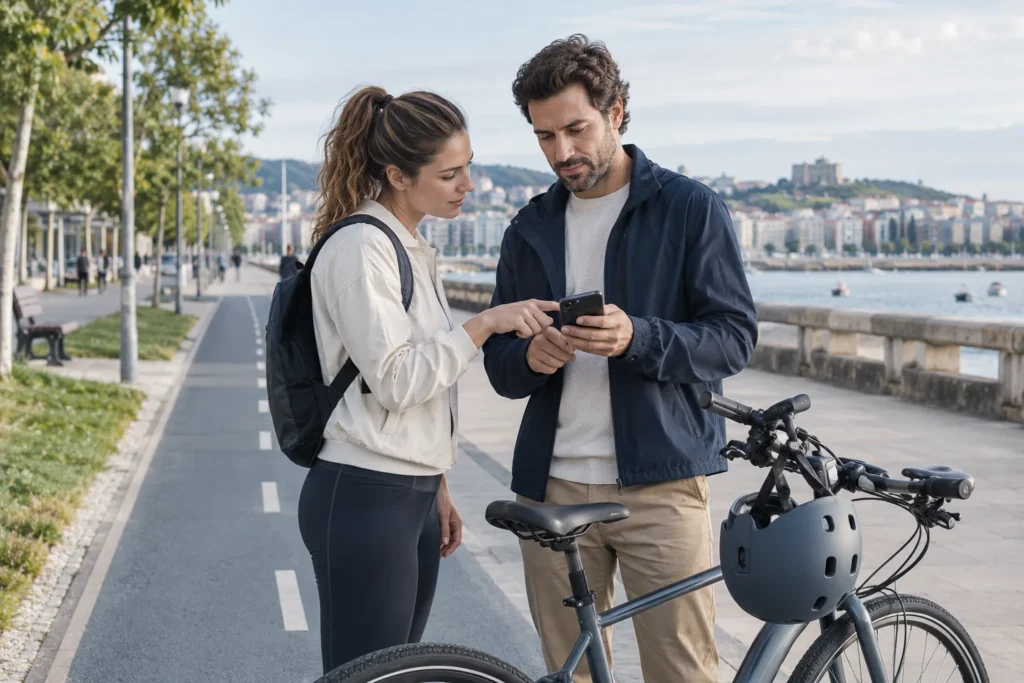 Dos personas junto a una bicicleta y un casco