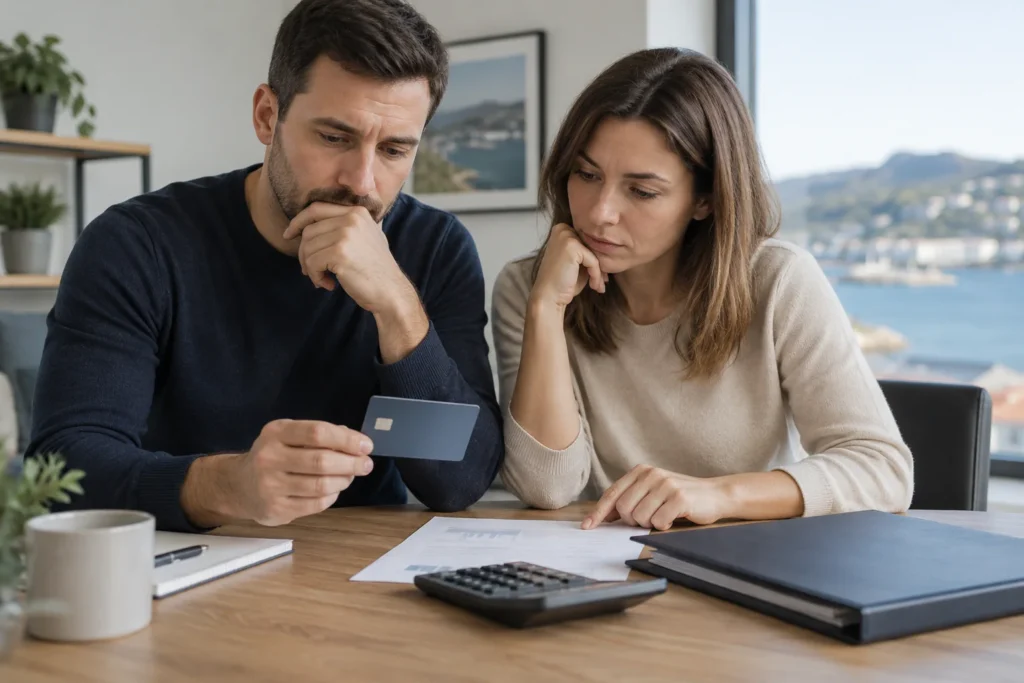 Pareja revisando documentación y una tarjeta bancaria